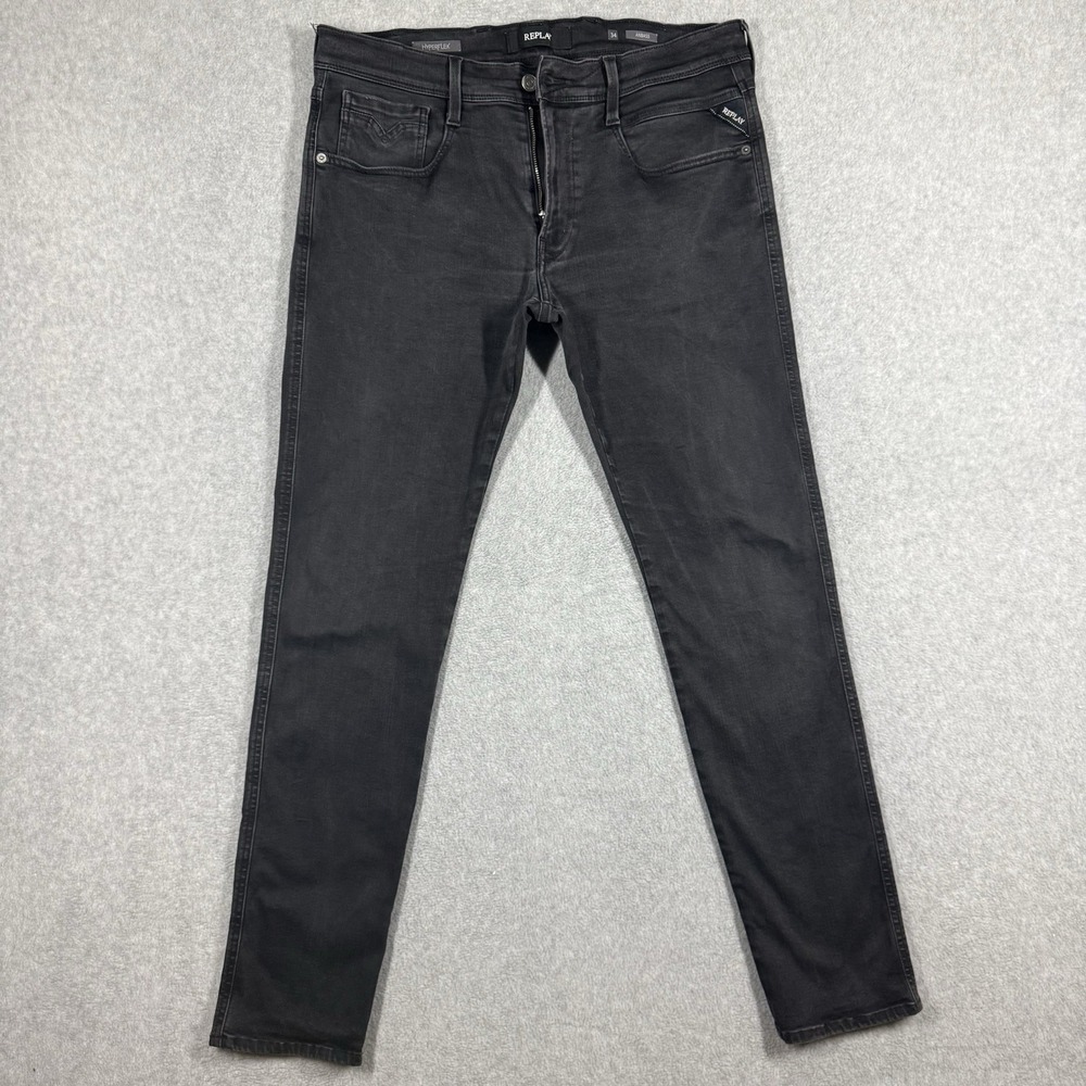 Replay ANBASS Jeans Men 34x32 Black HYPERFLEX Tapered Stretch Logo Zip Fly Italy